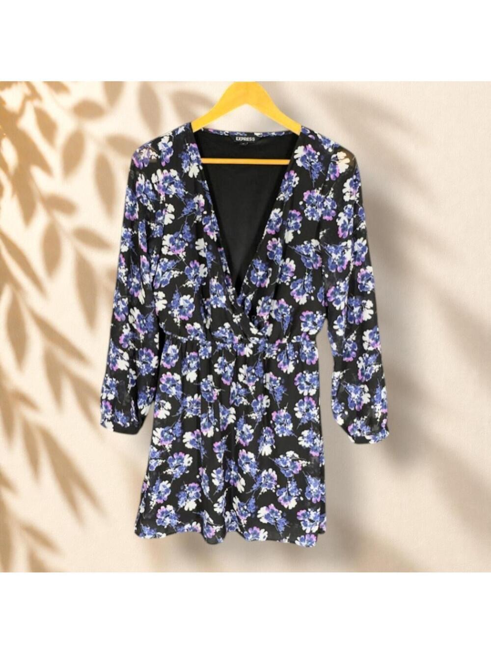 Express Dress Women S Small Black Floral V-Neck Long Sleeve Sheath Short Casual